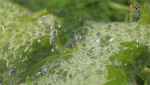 艾草葉放入煮沸的水中，加點食用堿，待變成深綠色時撈出，放入冰水中，瀝干備用。